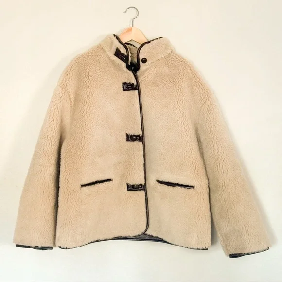 NWT Gap Cream Sherpa & Faux Brown Leather Oversized Jacket Coat Size L Vegan - Picture 5 of 16